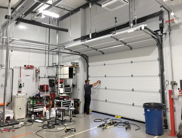 Garfield Heights Garage Door Repair certified technician performing commercial door repair at a Garfield Heights business facility