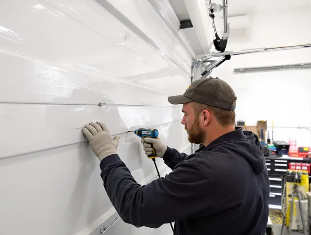Garfield Heights Garage Door Repair technician demonstrating precision dent removal techniques on a Garfield Heights garage door