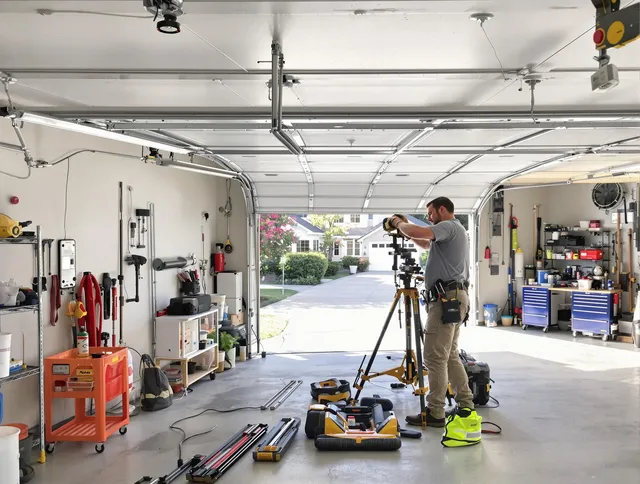 Garfield Heights Garage Door Repair specialist performing laser-guided track alignment in Garfield Heights